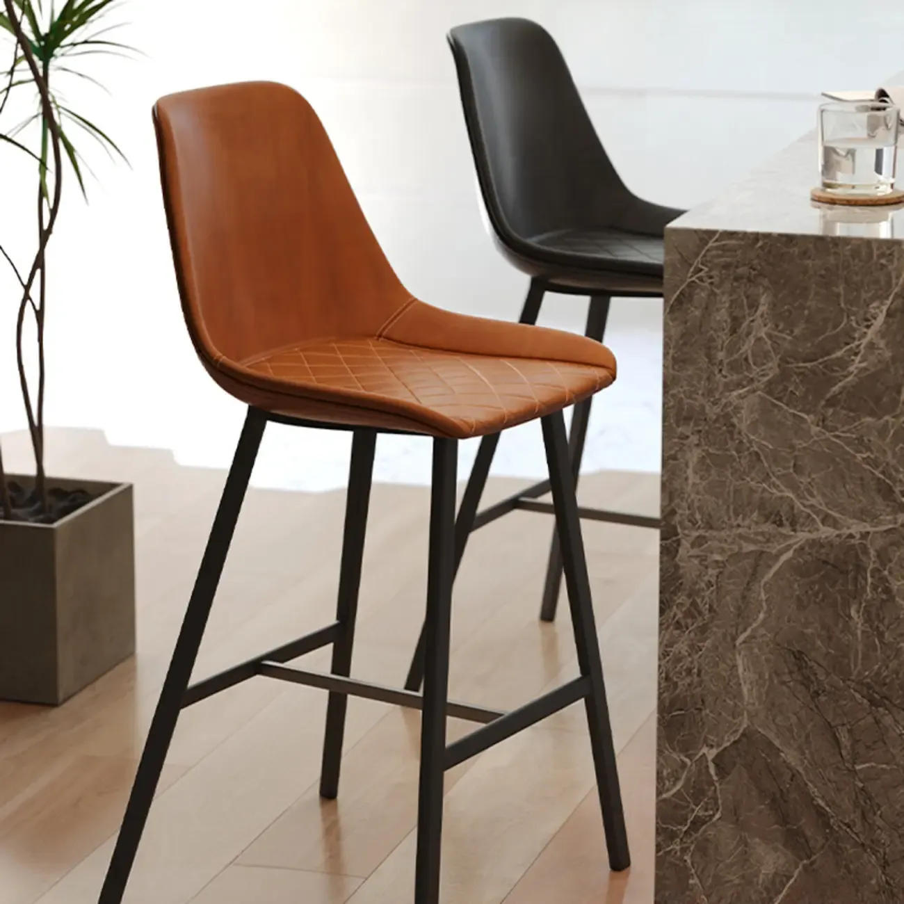 Mid-Century Modern Quilted Upholstered Leather Bar Stool