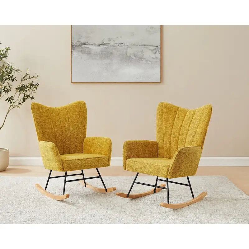 VANOMi 26.77 Wide Boucle Upholstered Nursery Rocking Chair with Wood Legs (Set of 2)