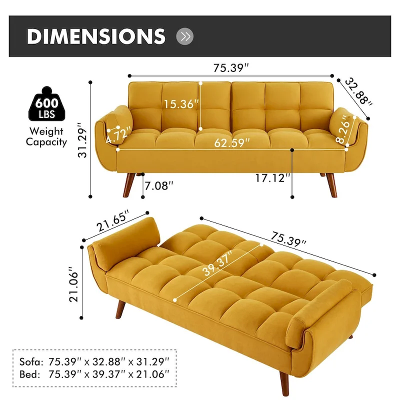 Futon Sofa Bed, Convertible Folding Futon Couch Recliner Lounge For Living Room With 2 Pillow/Armrest