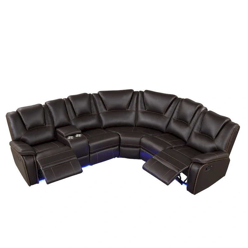 Modern Faux Leather Manual Reclining with Center Console with LED Light Strip,Living Room Furniture Set,PU Symmetrical Couch