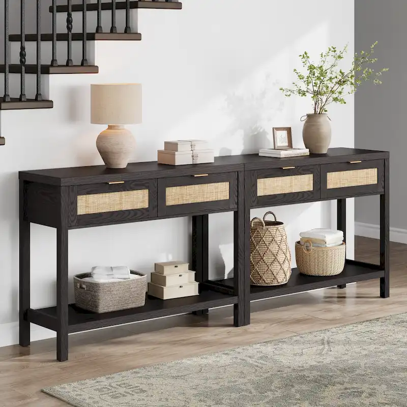SICOTAS Rattan Console Table with 2 Drawers and Shelves - 30 x 39.4 x 13.8
