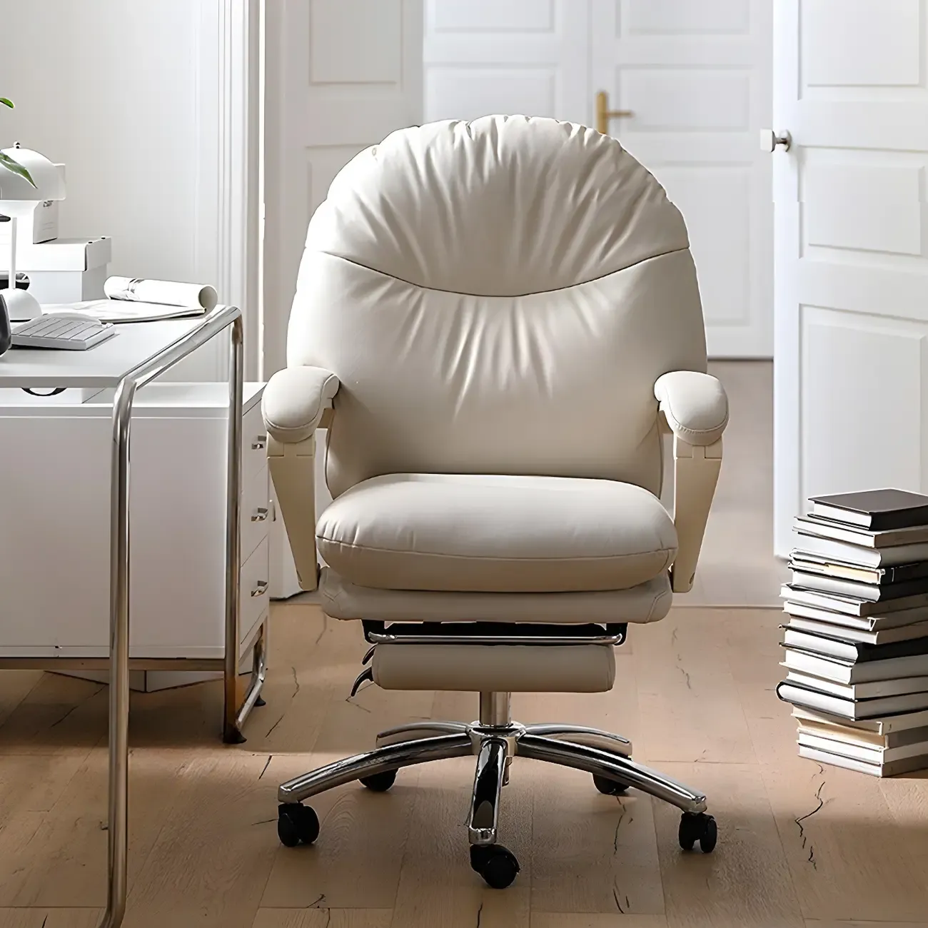 Elegant White Leather Casters Home Office Chair