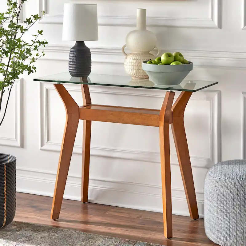 Walnut Sofa Table with Tempered Glass Top and Lower Shelf