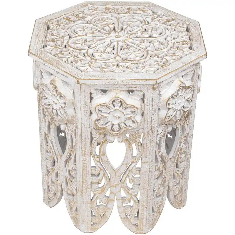 Antique White and Brushed Gold Carved Octagonal Side Table