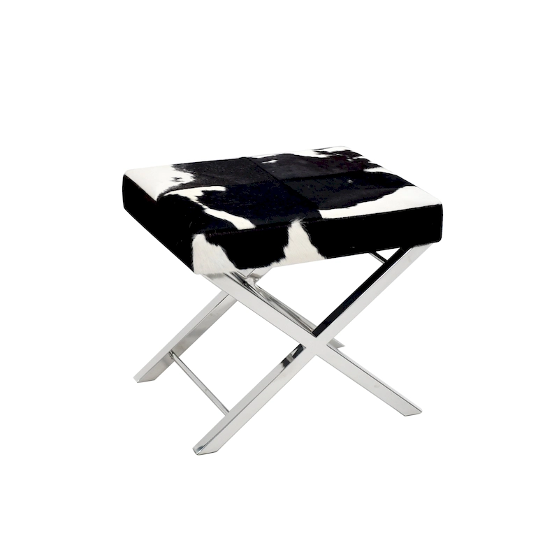 Chrome Stainless Steel Ottoman Chair with Black and White Hairline Leather