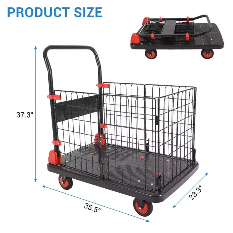 Black Foldable Metal Platform Cart with Cage Fence, 1000LBS Capacity