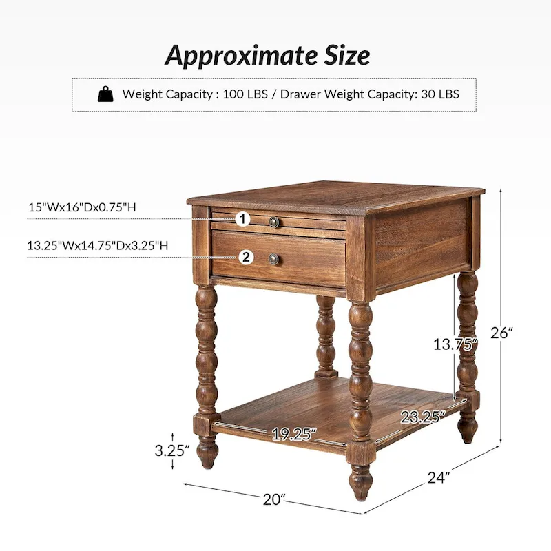 Eric Traditional 26 Tall Solid Wood End Table with USB by HULALA HOME