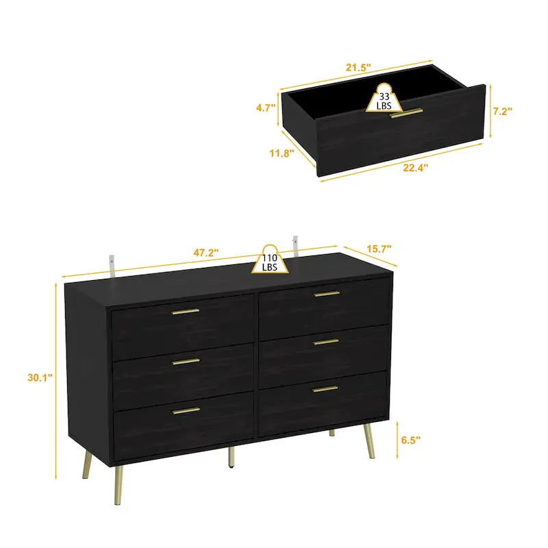 6 Drawer Larget Chest&Dresser With Golden Metal Handles