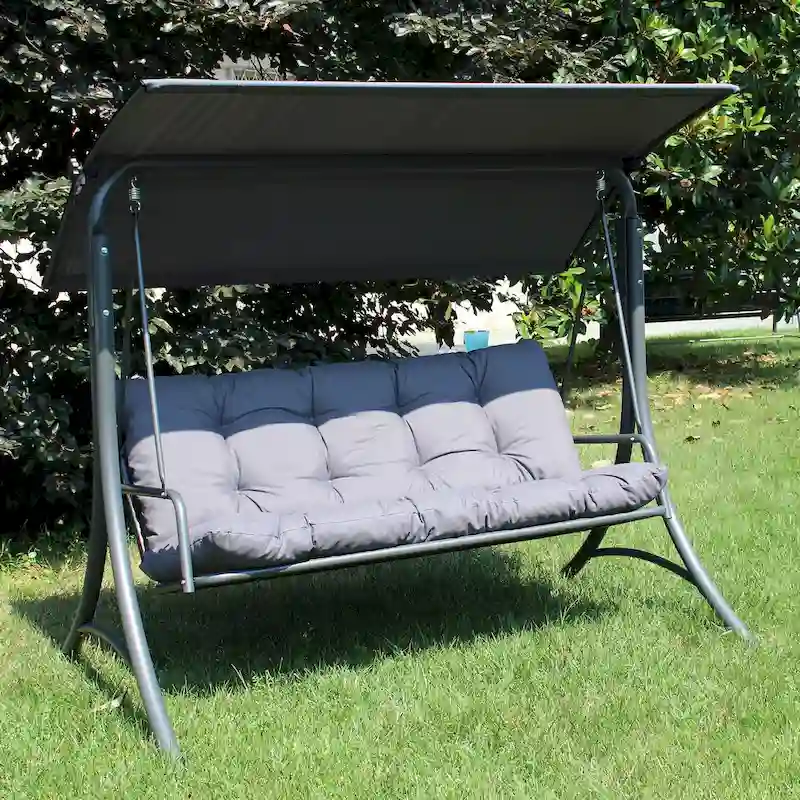 SUNJOY 3 Seat Deluxe Patio Swing Steel Frame, Adjustable Canopy Cushions