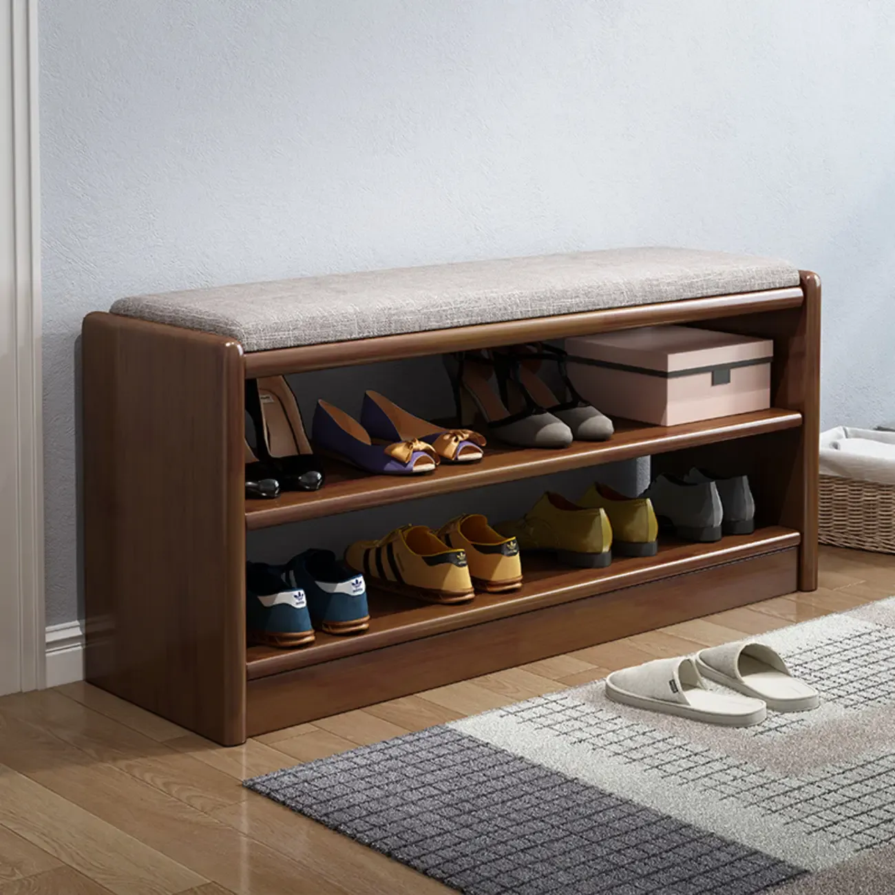 Scandinavian 2-Tier Upholstered Wood Shoe Rack Bench