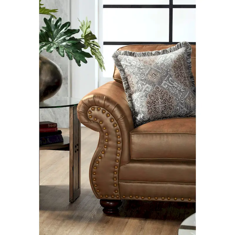 Roundhill Furniture Leinster Brown Fabric Nailhead Trim Sofa and Loveseat