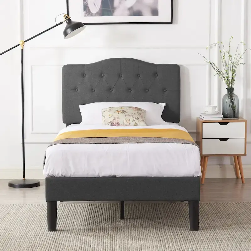 VECELO Modern Upholstered Bed with Height Adjustable Tufted Headboard ,Dark Grey