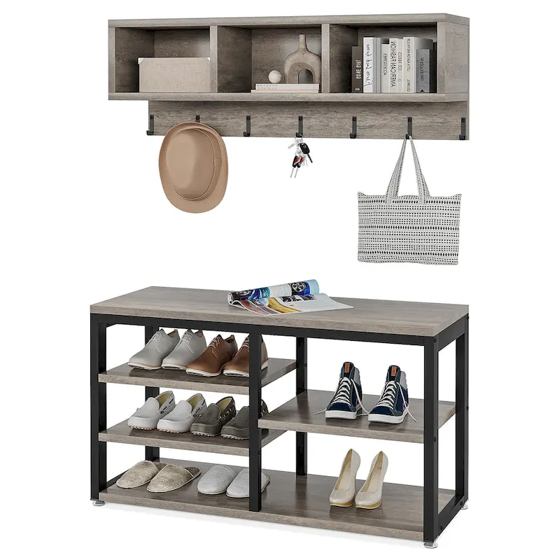 Industrial Entryway Shoe Bench and Wall-Mounted Coat Rack Set, Rustic Brown