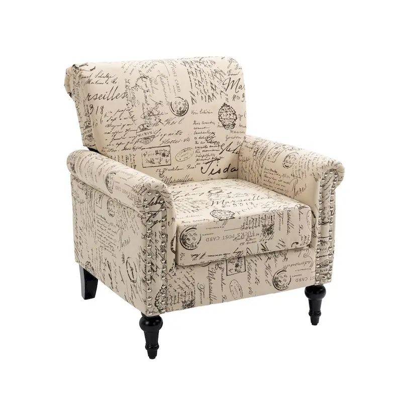 Mid-Century Modern Accent Chair, Linen Armchair w/Tufted Back/Wood Legs