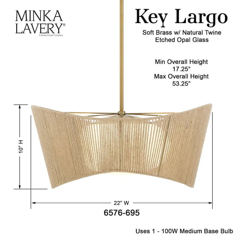 Lavery Key Largo Soft Brass & Etched Opal Glass 1 Light Pendant - 22