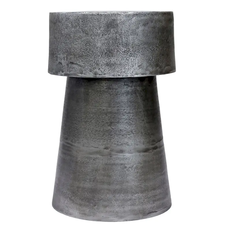 Vintage Accent Side Table, 15.5 Inch Round, Antique Silver Cast Aluminum Drum Base