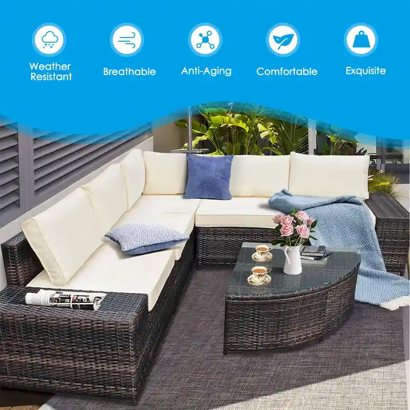 Gymax 6PCS Wicker Furniture Sectional Sofa Set w/ Cushions Off White - See details