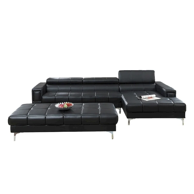 Bobkona Hayden Bonded Leather 2-Pcs Sectional Sofa Loveseat with Adjustable Back. Ottoman included