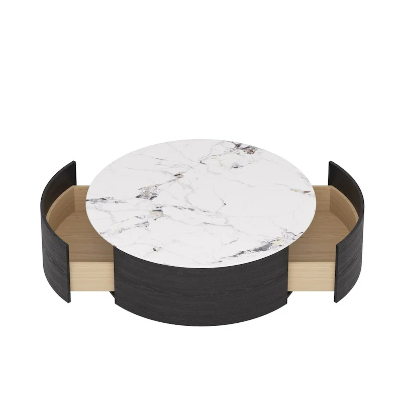 Modern Round Coffee Table with 2 Drawers, Sintered Stone Tabletop and Golden Base