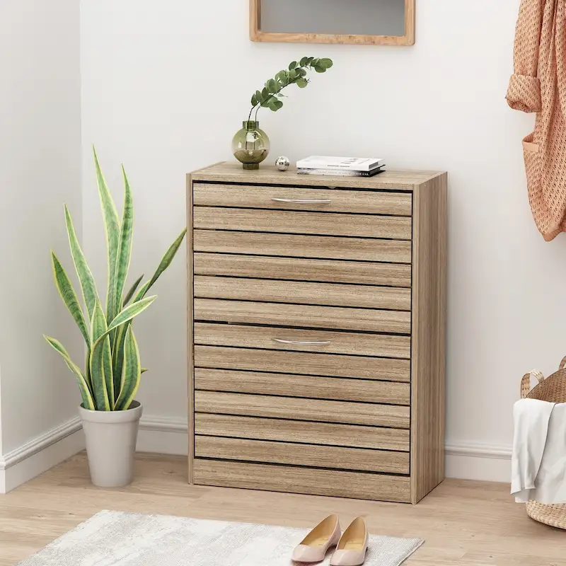 2-Drawer Shoe Cabinet, Fold-Out Drawers, Waterproof MDF, 8-12 Pairs, 22.4"W x 9.4"D x 29.5"H, Dark Oak/Grey Oak/White/Wood