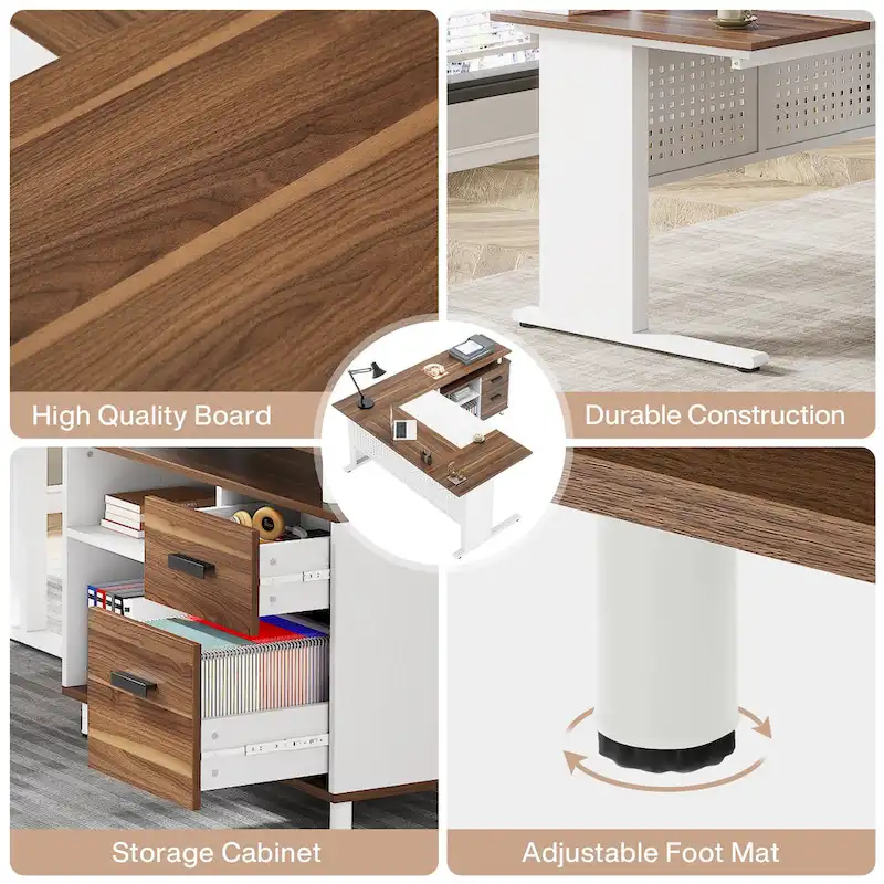 L Shaped Executive Desk, Large Computer Desk with File Cabinet