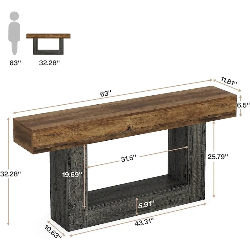 Farmhouse 63 Console Table, 2-Tier Entryway Table Narrow Long Wood Sofa Table