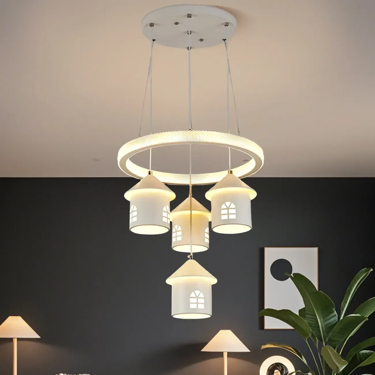 Modern 4-Light LED Chandelier with Unique House Design