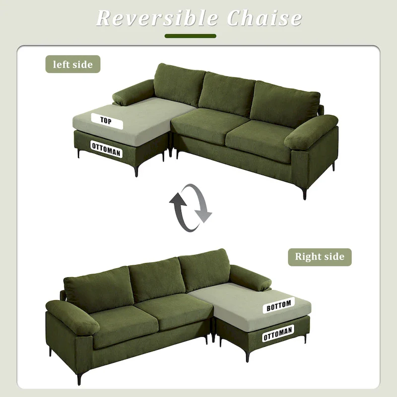 Reversible Chaise Sofa, Suede Fabric, Metal Legs, Spring Coils, Light Brown/Brown/Grey/Blue/Beige