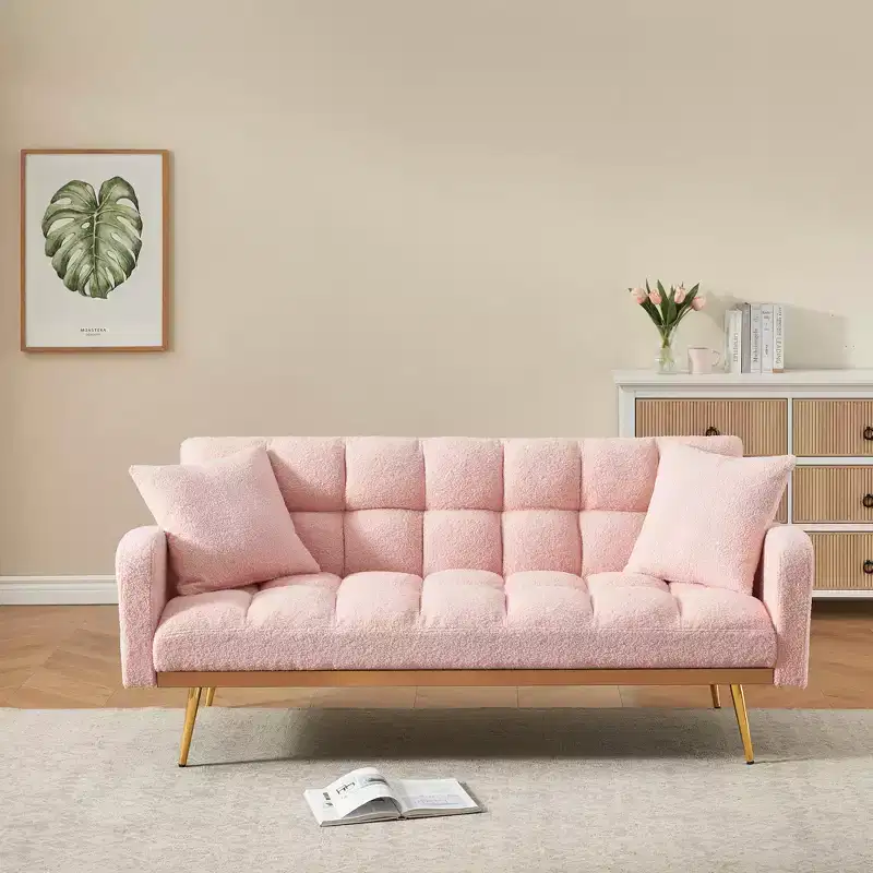 GDFStudio Smin Modern 69 Wooden Teddy Upholstered Sofa Bed with Adjustable Backrest