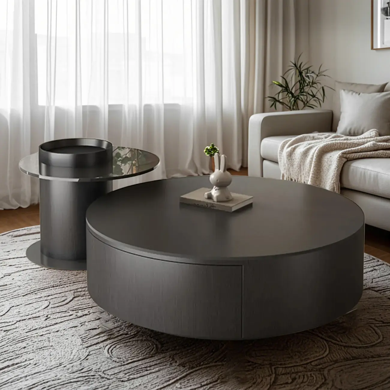 Black Modern Sleek Nesting Round Wood Drawer Coffee Table