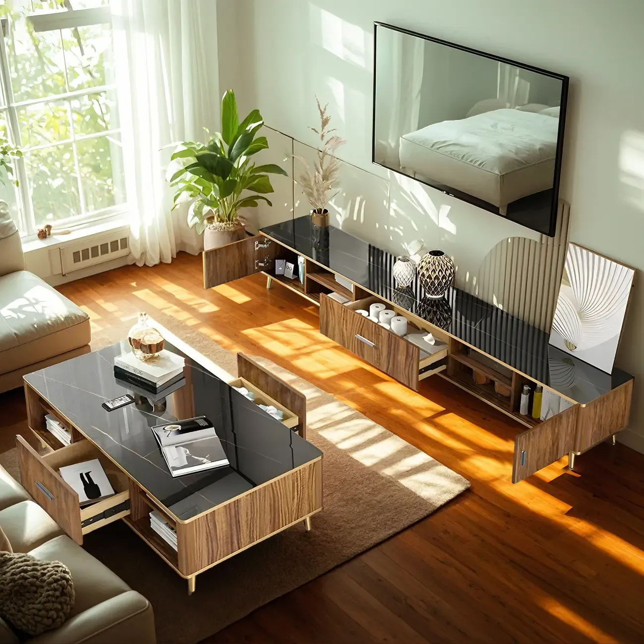 87 Glam Brown Stone Top Solid Wood Open Shelf TV Stand
