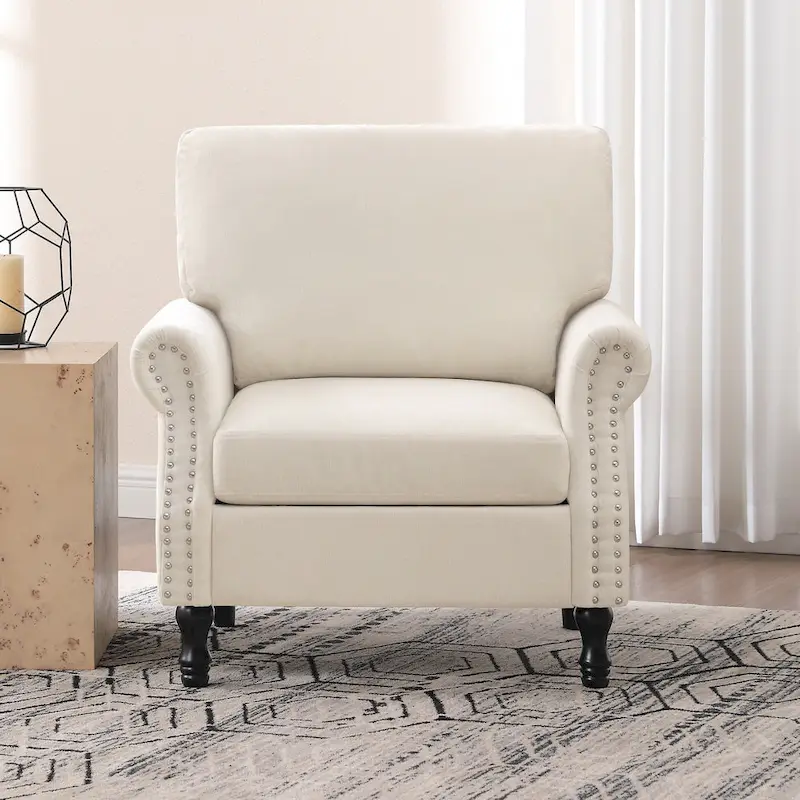 Modern Upholstered Armchair Nailhead Trim Accent Chair with Wood Legs