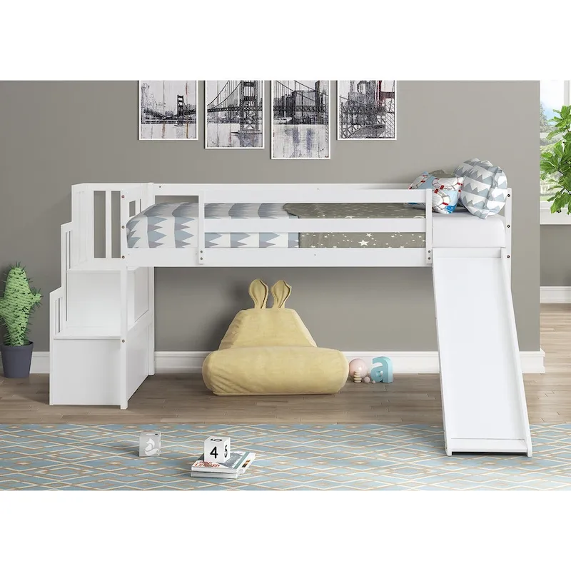 Loft Bed with Staircase, Storage, Slide, Twin size, Full-length Safety Guardrails, No Box Spring Needed, Grey