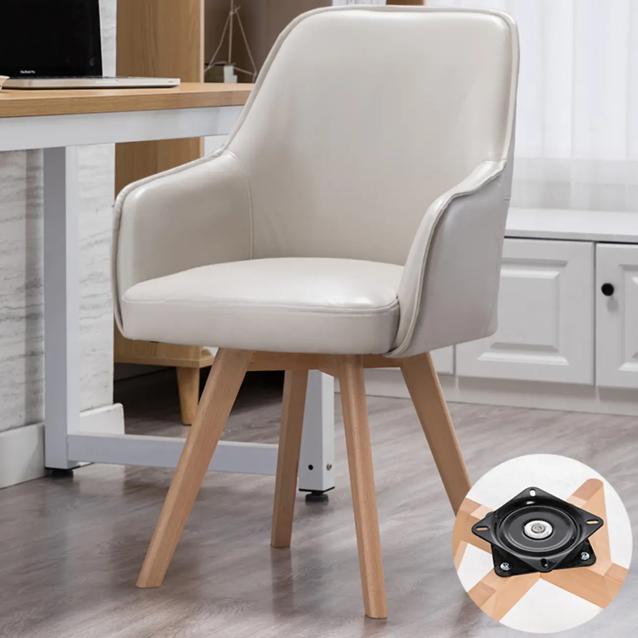 Scandinavian Leather Swivel Dining Chair with Wood Legs