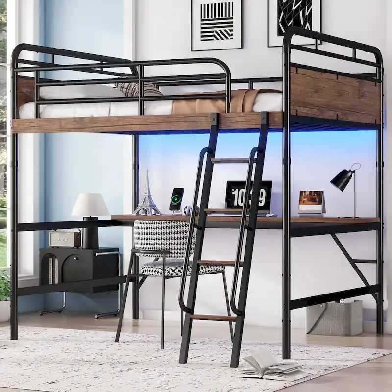 Metal Loft Bed with Desk, LED Lights & USB Charging Station, Loft Bed Frame with Safety Guardrails