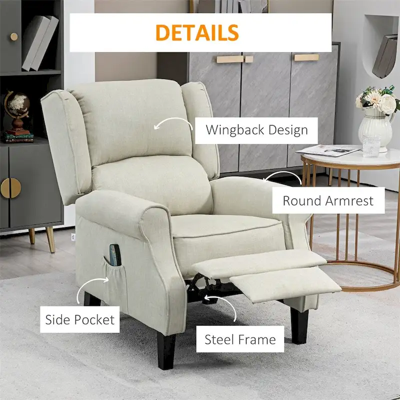 Massage Linen Recliner Chair with Heat,Footrest and Side Pocket