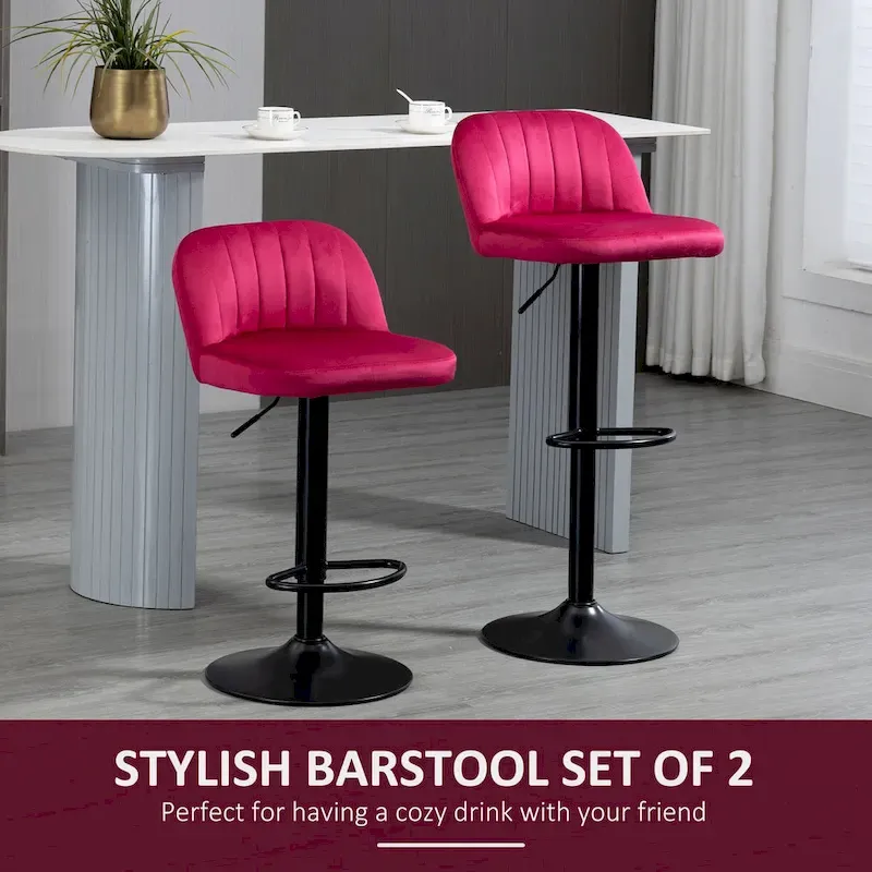 HOMCOM Adjustable Bar Stools Set of 2, Velvet Counter Height Barstool, Upholstered Kitchen Stool with Swivel Seat, Steel Frame