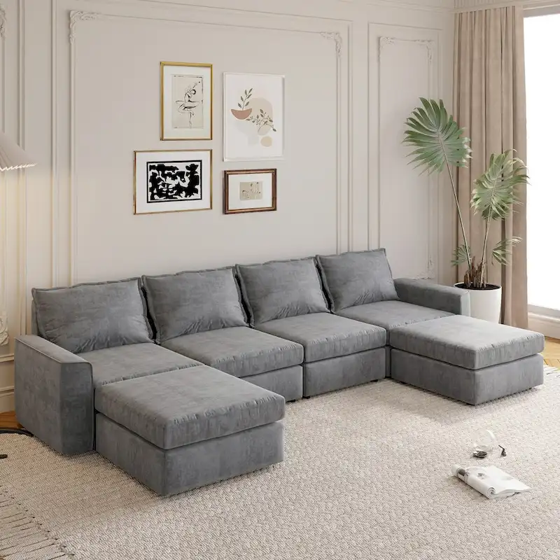 Nestfair Chenille Modular Sectional Sofa U Shaped Reversible Couch Free Combination 6 Seat Sleeper Sofa Bed with Ottoman
