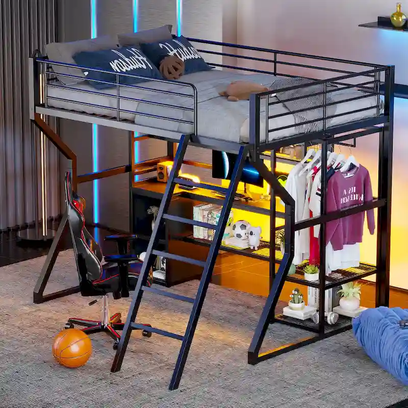 Full Size Metal Gaming Loft Bed with Built-in Work Station, Open Wardrobe, LED, and Storage, Black