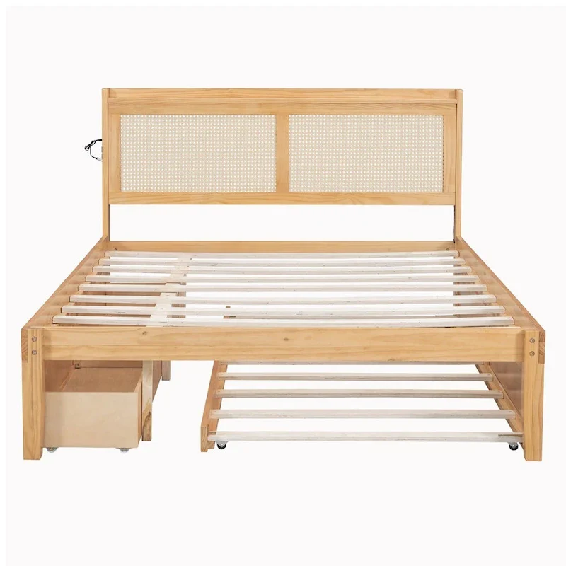 Elegant Bed Frame with Rattan Headboard and Sockets