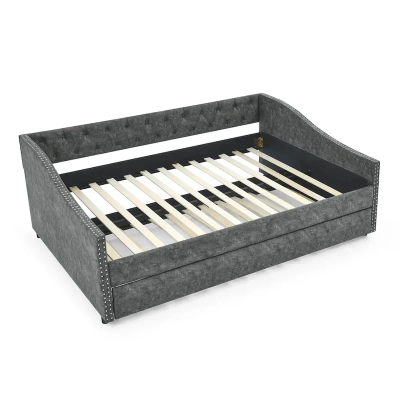 Upholstered Daybed Frame with Trundle & Tufted Backrest