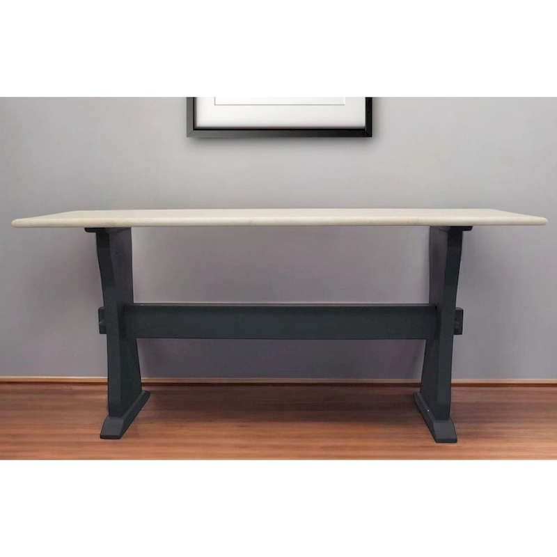 HomeRoots 70  Ivory and Black Genuine Marble Trestle Console Table - 70