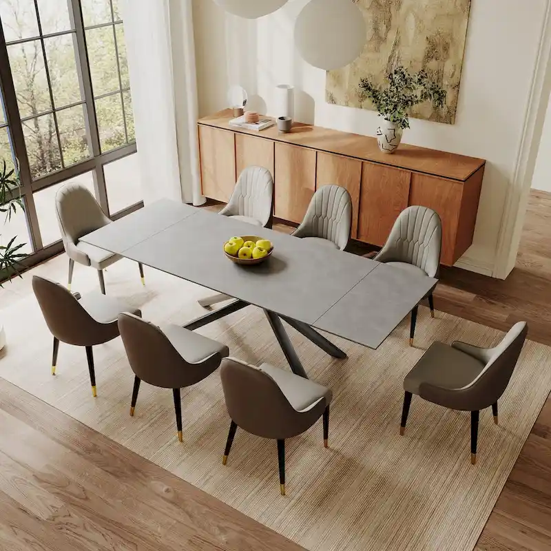 9 - Piece Extendable Rectangular Sintered Stone Cross Legs Dining Set With 8 Chairs