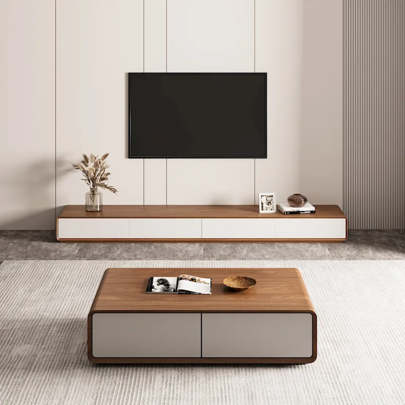 Modern Rectangular TV Stand with 4 Drawers, Wood Veneer Media Console, Walnut White, Soild Wooden, Fully-Assembled