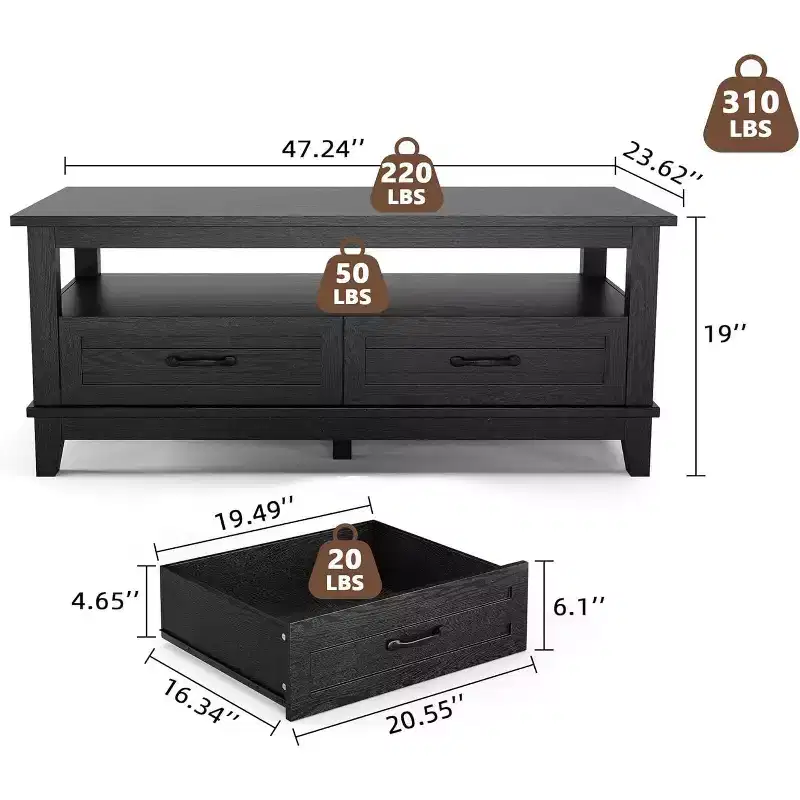 Acekool Farmhouse Coffee Table, 2 Drawers & Open Shelf, 47.24 Rectangular Center Table, Stable 6-Leg Structure