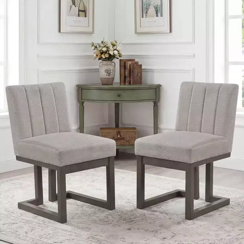Beige+Gray / Walnut Farmhouse Upholstered Dining Chair, Armless, 2/4 PCS