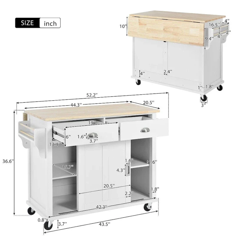 Kitchen Island Cart with Wheels Drop-Leaf Countertop