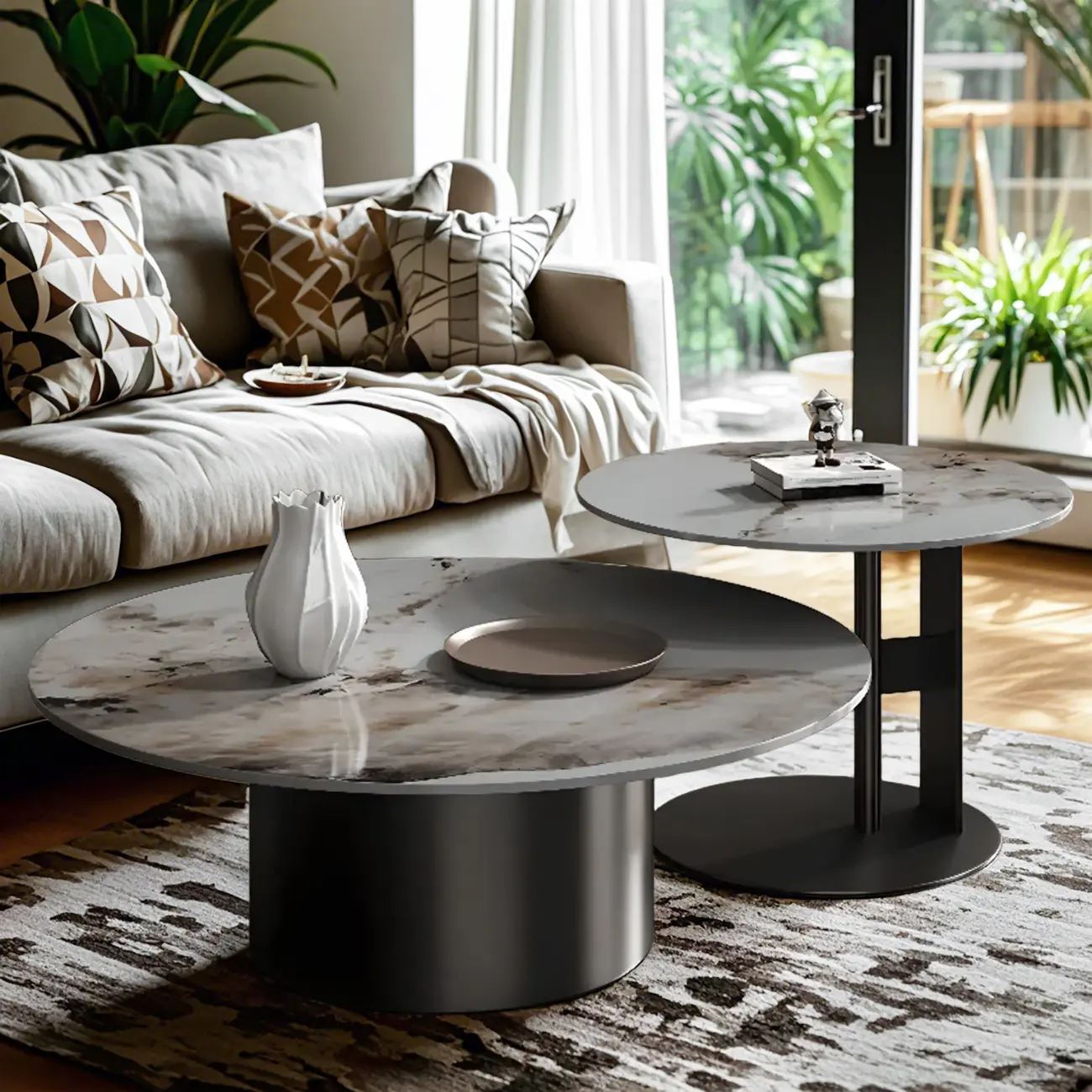 Modern Gray Round Nesting Coffee Table Set with Marble Top