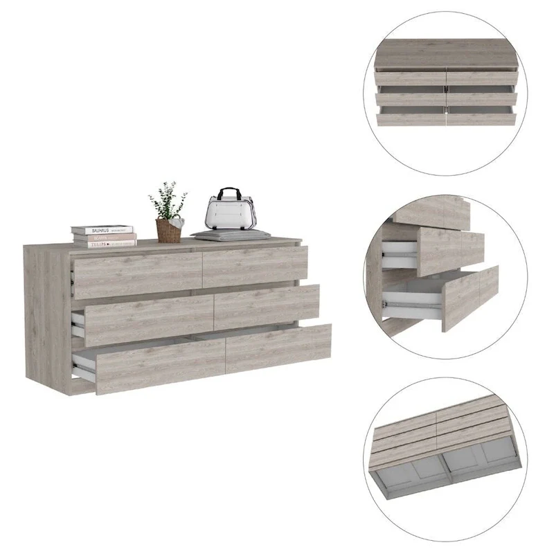 6-Drawer Dresser, Black/White/Light Gray/Light Oak, Metal Rails, Modern