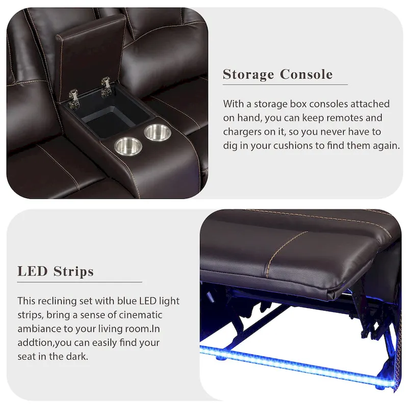 Modern Faux Leather Manual Reclining with Center Console with LED Light Strip,Living Room Furniture Set,PU Symmetrical Couch
